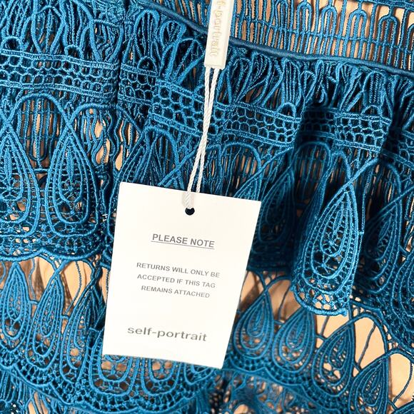 Self-Portrait Guipure Lace Mini Dress Teal Tiered Sleeveless Teardrop Sz 2 - Picture 11 of 16